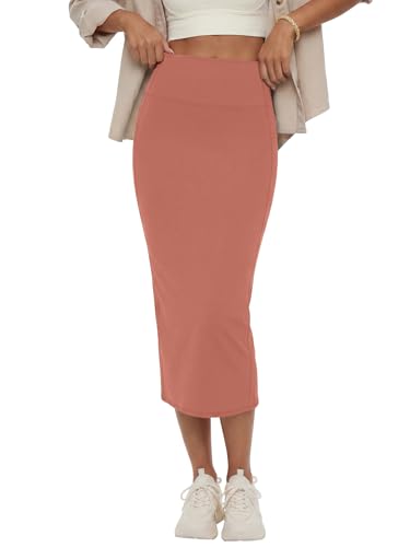 Image of Rooscier Women's High Waisted Pencil Midi Skirt | Stretchy Bodycon Knee Length Skirts with Back Slit