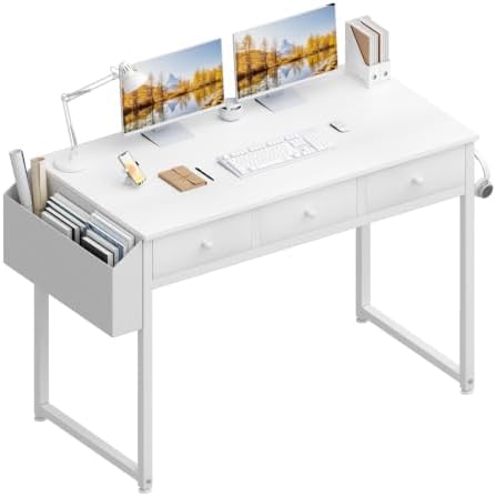 Lufeiya Kleiner Schreibtisch Weiß mit 3 Schubladen,PC Schreibtisch 100cm Klein Computertisch mit Stauraum für Büro HomeOffice 100x50x79 cm