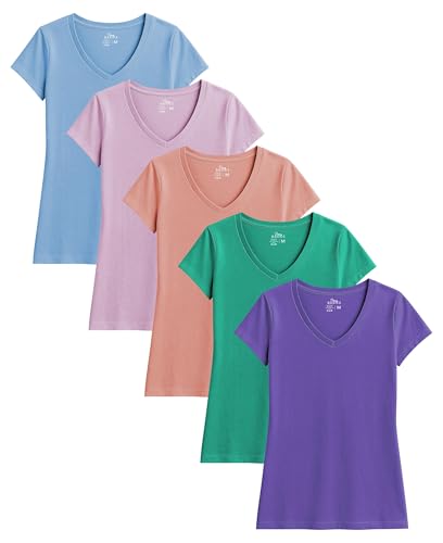 Sexy Basics Womens' Cotton Stretch V Neck Color T Shirts | Casual & Active Basic Short Sleeve Tops | Multi Packs