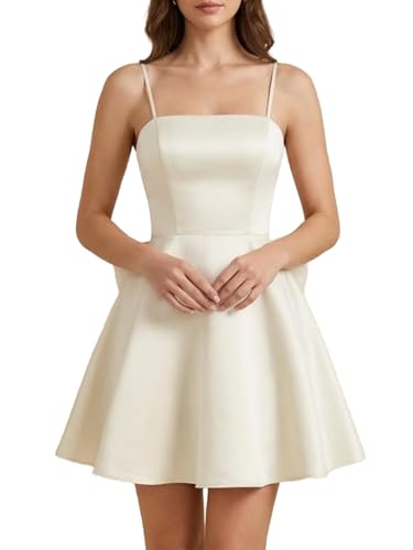 Image of WDIRARA Women's Satin Bow Homecoming Dresses Spaghetti Strap Wedding Guest Gown Summer Mini Dress