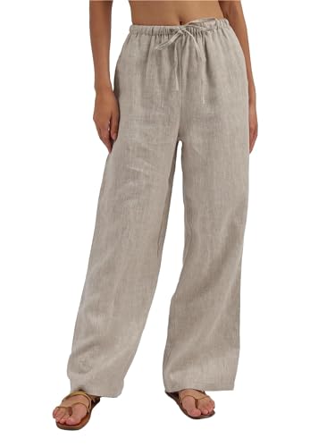 Amazhiyu 100% Linen Pants for Women Wide Leg High Waisted Lounge Pants with Pockets Flax,Small