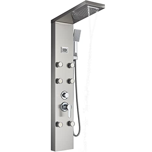 FCOTEEU Shower Panel Tower System,Shower Column with Temperature Display,Rainfall Waterfall Shower Head Shower,6 Adjustable Body Jets,Handheld Shower,Wall Mount Brushed Nickel