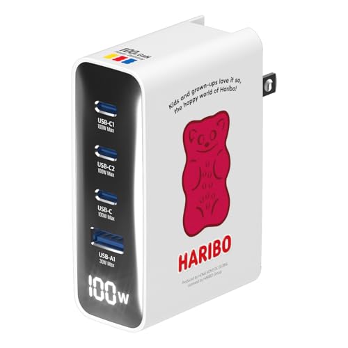 Haribo 100W GaN Wall Charger, 4-Port USB-C & USB-A Fast Charging, PD 3.0 & QC 4+ / 4.0, Compatible with iPhone, Galaxy, Pixel, iPad, Tablets, Nintendo Switch, AirPods