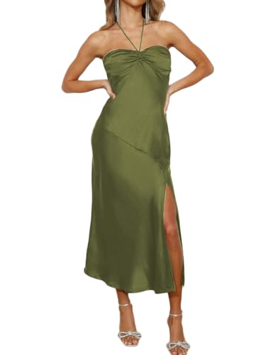 Image of VUBIYA Women's Summer Satin Strapless Slit Halter Midi Dress Wedding Guest