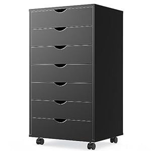 7 Drawer Chest – Dresser Storage Cabinets Dressers Wooden Dresser Bedroom Cabinet with Wheels Mobile Organizer Drawers for Office, Home, Black