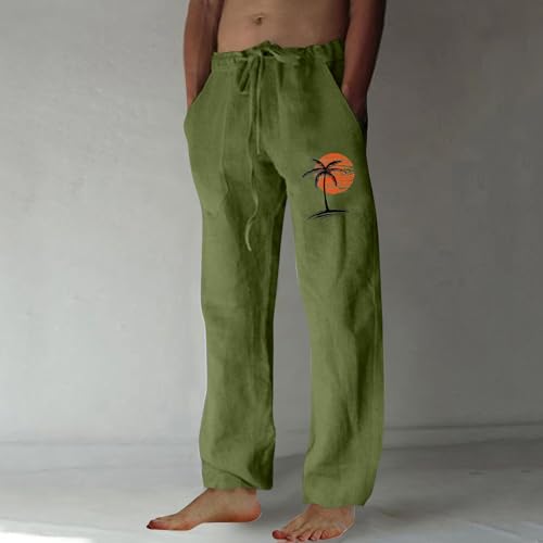 Pants for Men Straight Fit Linen Pants Mens Fashion Coconut Palm Trousers Male Summer Casual Beach Pant with Pockets2