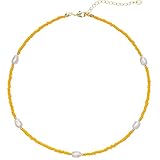 Freshwater Pearl Beaded Choker Necklaces for Women, Handmade Cute Y2K Pearl Necklace, Colorful VSCO Boho Hawaiian Summer Beach 18K Gold Plated Jewelry Gift