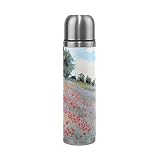 Poeticcity Claude Monet Wasserflasche mit Mohnblumen, Edelstahl, auslaufsicher, vakuumisoliert, Reise-Kaffeebecher, doppelwandig, Echtlederbezughalter, 482 ml