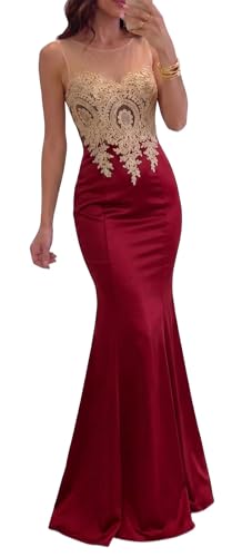 Babyonlinedress Women's Mermaid Gold Lace Embroidery Prom Dress Evening Gown,Burgundy M