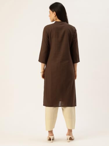 Image of feranoid Women's Plain Cotton Kurta with Mandarin Collar, 3 /4 Sleeves & Pocket