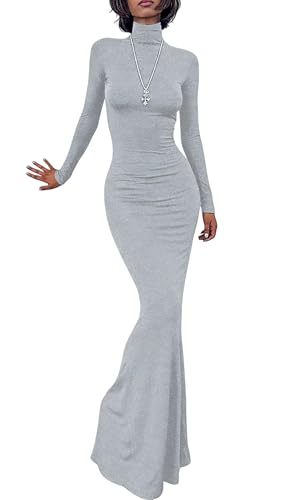 Image of Women Bodycon Maxi Dress Long Sleeve Turtleneck Mermaid Dresses, Gray, XL