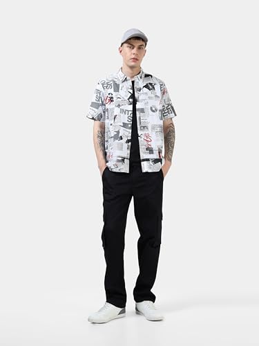 Image of StitchX Men's Half Sleeve Textured Cotton Newspaper Printed Shirt