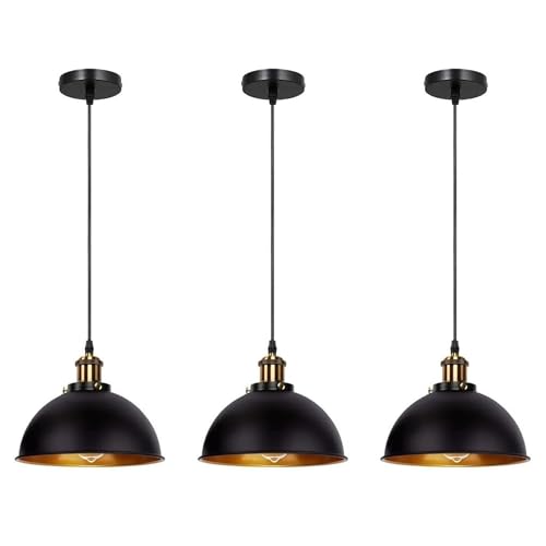 Image of DC VOLTAGE 3 Pack 1 Way Pendant Light E27 Black Inner Gold Metal Light Shade Industrial Ceiling Hanging Lights for Kitchen Bedroom Living Dining Room
