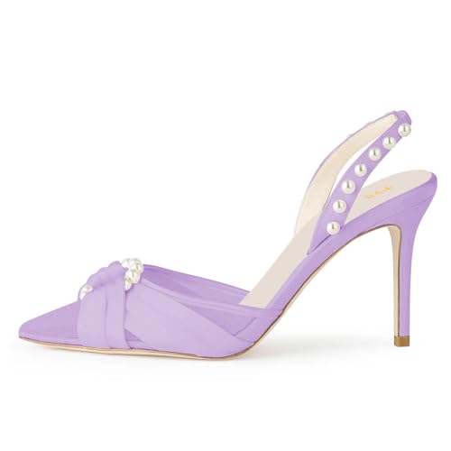 FYS Women's Pointed Toe Pearl Pumps Stiletto High Heel Slingbacks Open Back Studs Elegant Wedding Prom Shoes Size 4-16 US3