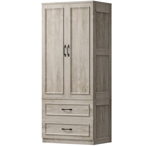 LIKIMIO Armoire Wardrobe Closet with 2 Doors and 2 Drawers 70" H x 28" W Wooden Bedroom Freestanding Wardrobe Combination for Hanging Clothes, Rustic Maple