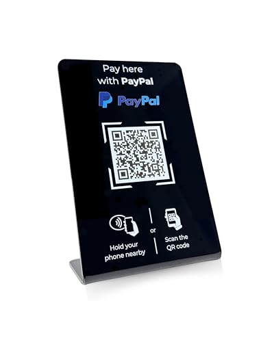 NEXIT Soporte para pago PayPal con código QR y chip NFC (inglés) 16,5 x 10,5 cm, color negro