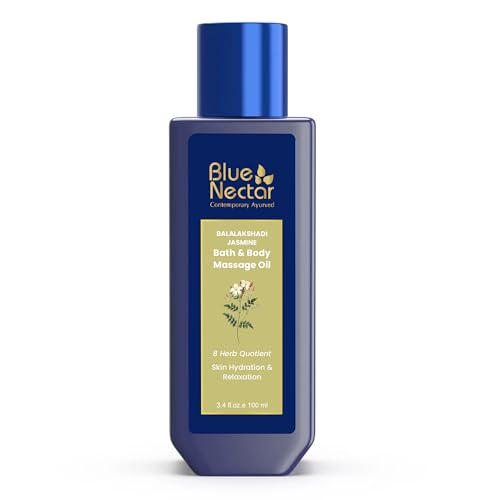 Blue Nectar Jasmine Herbal Body Oil | Natural Massage Oil for Full Body Relax & Glow | Ashwagandha & Sesame After Bath Body Oil for Women & Men (12 herbs, 100ml)