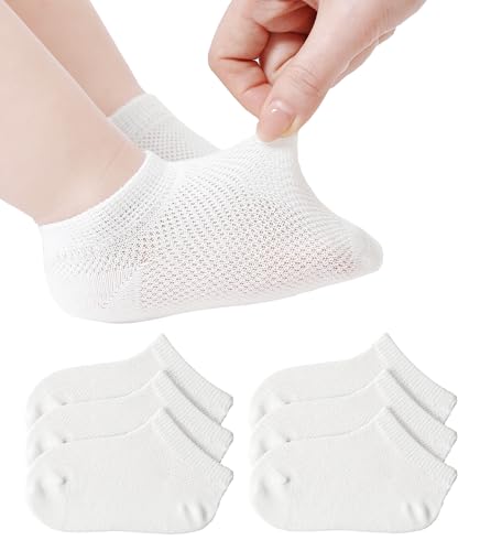 JAKIDAR Toddler Little Boys Girls No Show Socks 6 Pairs Mesh Thin Low Cut Ankle Socks for Toddler Kids Soft Breathable Cotton White 2-4T