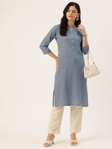 Image of feranoid Women's Plain Cotton Kurta with Mandarin Collar, 3 /4 Sleeves & Pocket