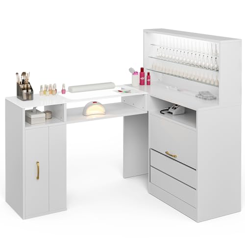 Paddie Manicure Table with LED Light, L-Shaped Glass Top Nail Tech Table w/2 Storage Shelves,...