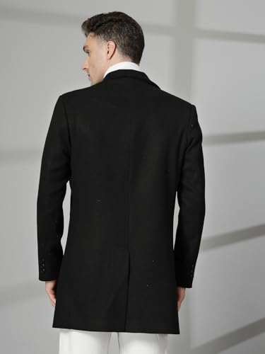 Image of CHKOKKO Men Stylish Long Winter Coat Single Breasted Thigh Length Overcoat with Elegant Spread Collar & Practical Front Side Pockets for Formal or Semi-Formal Occasions