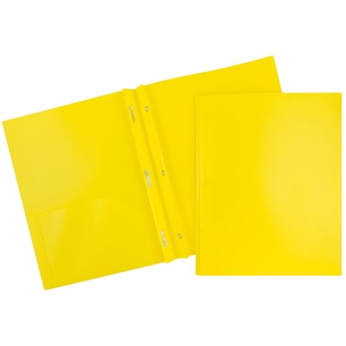 JAM PAPER Plastic 2 Pocket POP Folders - Durable School Folders with Metal Prongs Fastener Clasps - Yellow - 24/Pack