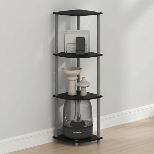 Image of Furinno Turn-N-Tube Toolless Assembly 4-Tier Storage Shelves, Black | Black Corner Shelf, Open Storage Book Shelf, for Organization and Storage, Living Room, Home Office, Bedroom