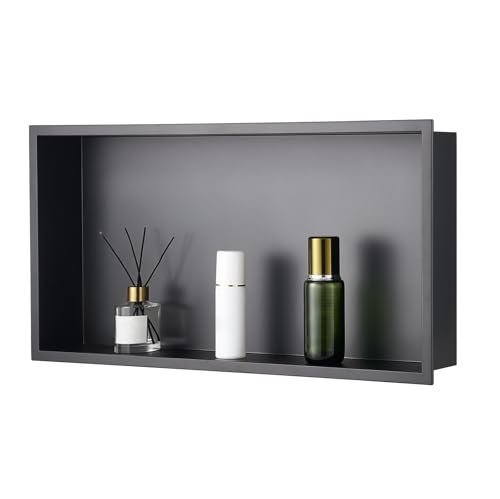 VEVOR Nicho de Ducha Empotrado 33x63,5x10,2 cm Estante Divisor de Pared de Acero Inoxidable Organizador de Jabón y Champú con Marco Sellado Impermeable Duradero Fácil de Instalar para Baño, Negro