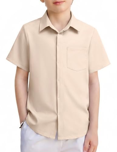 Image of Arshiner Boys Short Sleeve Dress Shirts Solid Button Down Shirts | formal Uniform School Shirt, for 4-12 Years, Hidden Buttons, with Chest Pocket, Regular Fit, Summer Tee top for Kids