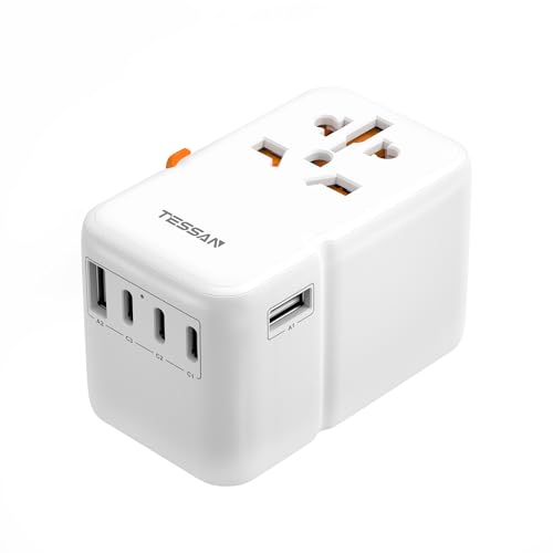 TESSAN 85W GAN Adaptador Enchufe Universal, Cargador Carga Rapida, Adaptador Universal Enchufe Viaje con 3 USB C y 2 USB A, Adapter de Viaje para USA UK Italia Tailandia Japón Australia