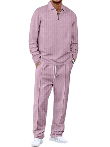 Image of Jawdrobe Men's Waffle-Check Co-Ord Set | Self-Textured Collar Top | Drawstring Jogger Pants | Cotton-Blend Loungewear /Night-Suit | Casual Travel & Streetwear Two-Piece