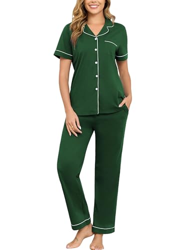 Image of Veseacky 100% Cotton Pajamas for Women Set Short Sleeve Button Down Sleepwear Soft 2 Piece Summer Pjs Lounge Sets S-XXL