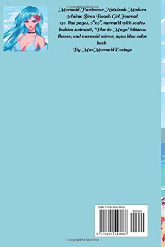 Mermaid Hardcover Notebook Modern Anime Siren Beach Girl Journal: 120 line pages, 6”x9”, mermaid with scales fashion swimsuit, ''Flor de Maga'' ... and mermaid mirror, aqua blue color back image 3
