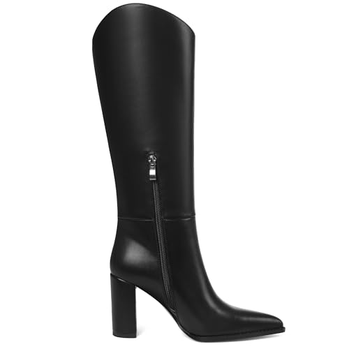 SaraIris Women's Black Knee High Boots Wide Calf Chunky High Heel Pointed Toe Zipper Comfortable Casual Boots4