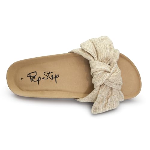 Image of PepStep Slide Sandals for Women or Ladies Dressy Summer Casual, Cute Bow Tie Knot On Top Strap, Comfy Slip On Cork Foot Bed