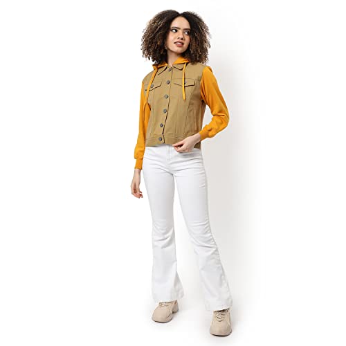 Image of Campus Sutra Women Beige & Yellow Regular Fit Denim Jacket For Winter Wear | Collared Neck | Full Sleeve | Buttoned | Casual Jacket For Woman & Girl | Western Stylish Jacket For Women