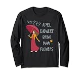 April Showers Bring May Flowers Girl with Umbrella Rain Day Manche Longue