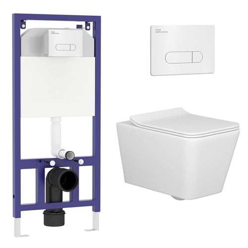 Wall Hung Toilet Pan Dual Concealed Cistern Frame Soft Close Seat & Chrome Flush Plate Square Rimless Toilet