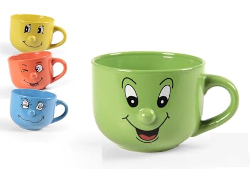 Utilissimi EDITACASA - set - kit 4 tazze prima colazione - stile fantasy - umoristico - faccine, colore bianco con fantasia assortita della capienza di 315 ml - altezza 11 cm