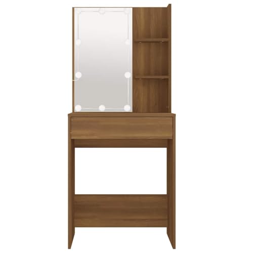Tocador con cajon y estantes de madera roble con espejo LED moderno 5