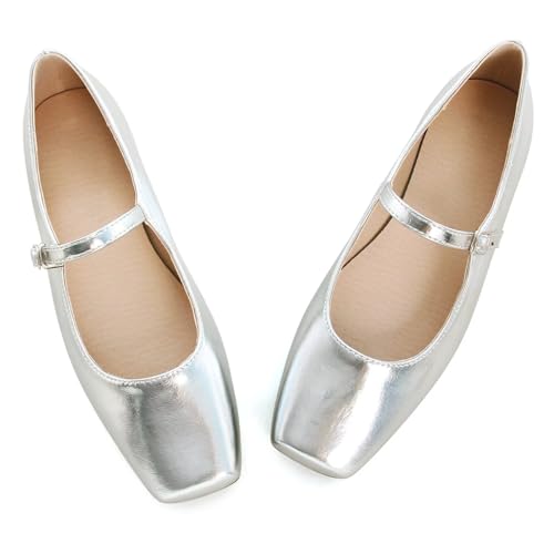 Tn Tangnest Leather Flats For Women Comfortable Square Toe Slip On Flats Soft Work Flats Retro Mary Jane Flats Silver 41 thumb #3