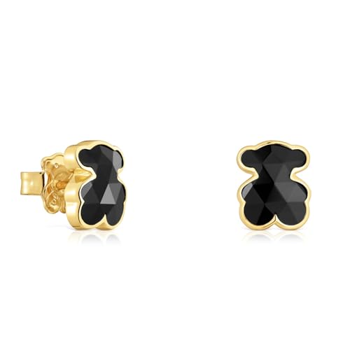 TOUS Pendientes para Mujer con Motivo de Oso con Baño de Oro 18 Kt sobre Plata de Primera Ley y Ónix, 10 mm, Colección Icon Color