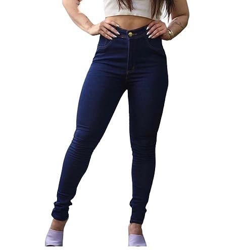 Calça Jeans Skinny Casual Feminina Cintura Alta Lisa Escura com Elastano Corte Moderno (42)