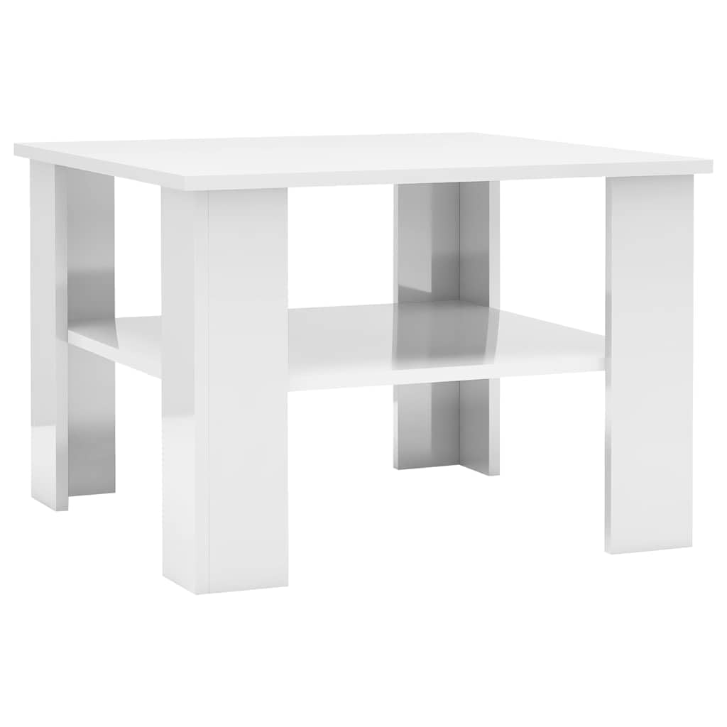 Mesa de centro brillante blanca 60 x 60 x 42 cm, material de madera, diseño moderno con estante, pequeña mesa auxiliar para salón, dormitorio, pasillo