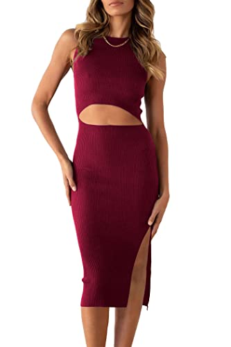 Image of PRETTYGARDEN Women's Summer Midi Bodycon Dresses Casual Crew Neck Side Slit Sleeveless Knit Cut Out Tank Top Dress