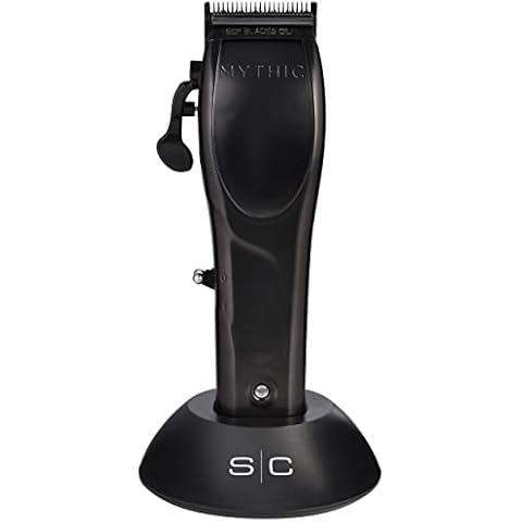 Stylecraft Mythic Professional Metal Body Cordless Hair Clipper with 9V Magnetic Microchipped Motor, Double Black Diamond Carbon Blades, 8 Guards, Black Cover
