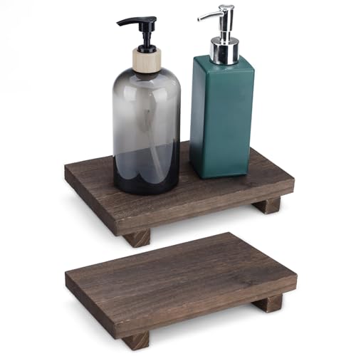 BELEFU 2 Pack Rectangle Wood Bathroom Tray for Sink, 9" x 5.9" Farmhouse Wooden Pedestal Stand, Decorative Vanity Wood Risers Soap Dispenser Tray Holder for Kitchen Counter Decor Display Dark Brown
