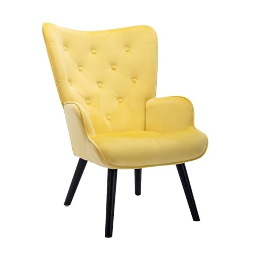 Image of Velvet Wingback Accent Chair for Living Room | Luxury High Back Tufted Armchair with Glossy Metal Legs | Modern Velvet Upholstered Lounge Chair for Home & Office | 1 Pc (Yellow)