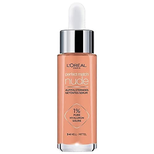 L'Oréal Paris Sérum tintado, base líquida nutritiva con ácido hialurónico, Perfect Match Tinted Serum, nº 3-4 claro - medio, 1 x 30 ml