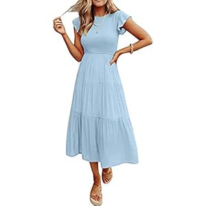 Summer Dress Flutter Short Sleeve Casual Dresses Cross Smocked Midi Swing Beach Sundress